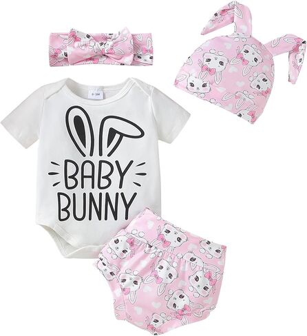 WOLBAY Newborn Infant Baby Girl 4Pcs Easter Outfit Short Sleeve Romper Onesie Bunny Tail Shorts Headband And Bunny Ear Hat in Kuwait