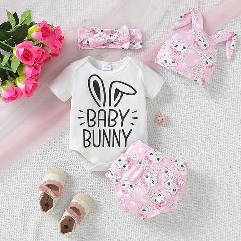 WOLBAY Newborn Infant Baby Girl 4Pcs Easter Outfit Short Sleeve Romper Onesie Bunny Tail Shorts Headband And Bunny Ear Hat in Kuwait