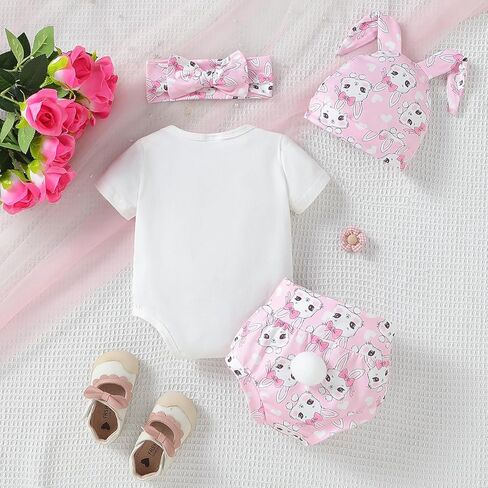 WOLBAY Newborn Infant Baby Girl 4Pcs Easter Outfit Short Sleeve Romper Onesie Bunny Tail Shorts Headband And Bunny Ear Hat in Kuwait