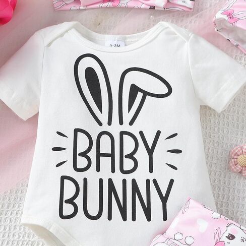 WOLBAY Newborn Infant Baby Girl 4Pcs Easter Outfit Short Sleeve Romper Onesie Bunny Tail Shorts Headband And Bunny Ear Hat in Kuwait