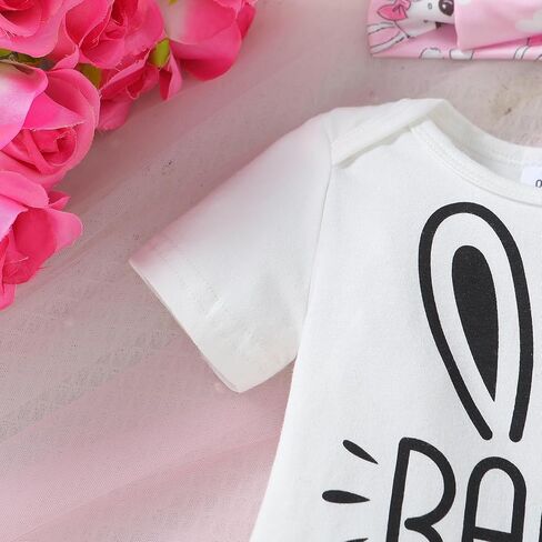 WOLBAY Newborn Infant Baby Girl 4Pcs Easter Outfit Short Sleeve Romper Onesie Bunny Tail Shorts Headband And Bunny Ear Hat in Kuwait