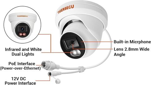 كاميرا TIGERSECU Add-On 5MP POE IP Dome لاستخدام فقط 5MP Hybrid NVR/DVR، عدسة زاوية واسعة 2.8 مم، رؤية ليلية ملونة، تسجيل صوتي (يُباع مصدر الطاقة بشكل منفصل) in Kuwait
