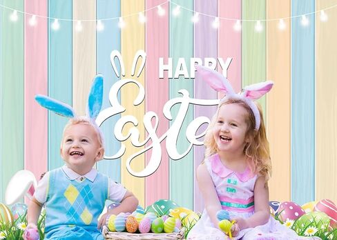 خلفية خشبية ملونة لعيد الفصح، عيد الفصح السعيد، بيض ملون، أرنب، عشب أخضر، خلفية عيد الفصح، ديكور حفلات التصوير الفوتوغرافي (7x5FT) in Kuwait
