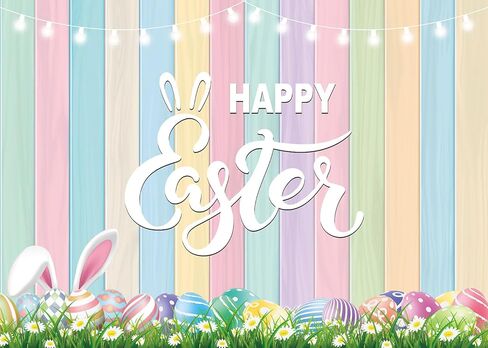 خلفية خشبية ملونة لعيد الفصح، عيد الفصح السعيد، بيض ملون، أرنب، عشب أخضر، خلفية عيد الفصح، ديكور حفلات التصوير الفوتوغرافي (7x5FT) in Kuwait