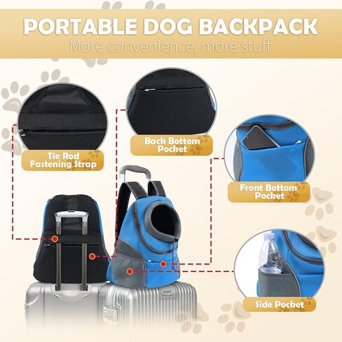 WOYYHO Dog Backpack Carrier Breathable Pet Puppy Front Pack with Bottom Back Support Plate for Small Medium Dogs Reflective Head Out Cat Bag for Travel Hiking Camping (Black, M) in Kuwait