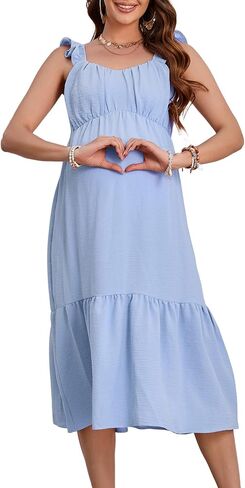 فستان ClearFlower للحمل صيفي بأكمام مكشكشة وخط عنق على شكل قلب بدون أكمام فستان طويل لحفلة استقبال المولود الجديد in Kuwait