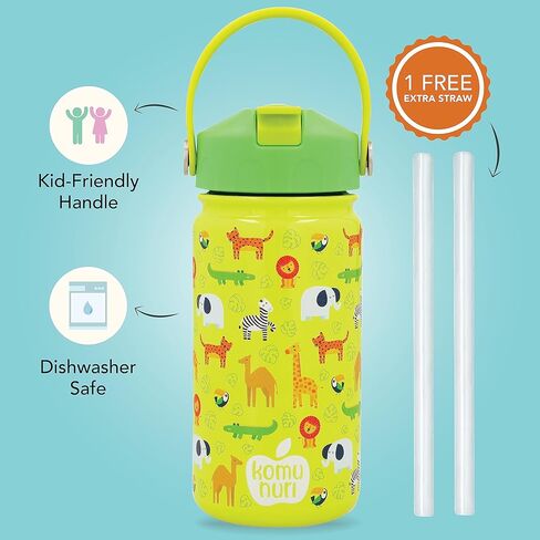 زجاجة مياه مقاومة للانسكاب للأطفال مع غطاء من القش | 1 شفاطة إضافية مجانية | ستانلس ستيل معزول | 14 أونصة | الأطفال الصغار | بارد 24 ساعة (أزرق غامق - المركبات/النقل/السيارات) in Kuwait