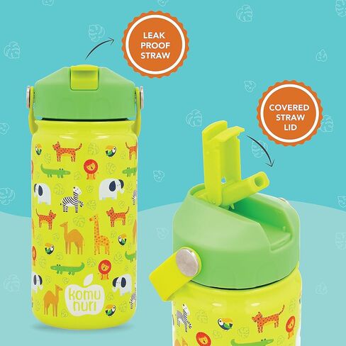 زجاجة مياه مقاومة للانسكاب للأطفال مع غطاء من القش | 1 شفاطة إضافية مجانية | ستانلس ستيل معزول | 14 أونصة | الأطفال الصغار | بارد 24 ساعة (أزرق غامق - المركبات/النقل/السيارات) in Kuwait
