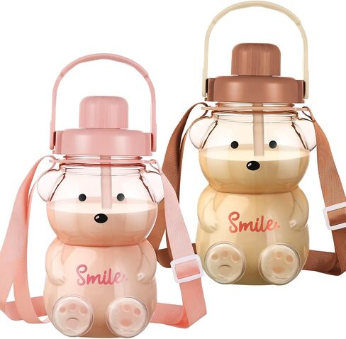 2 قطعة من زجاجات المياه اللطيفة المقاومة للتسرب من Kawaii Bear Straw Bottle سعة كبيرة كوب الدب مع حزام كتف قابل للإزالة قابل للتعديل ملصقات Kawaii للأطفال في المدرسة والمكتب والأنشطة الخارجية in Saudi Arabia