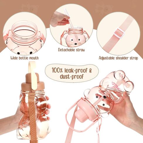 2 قطعة من زجاجات المياه اللطيفة المقاومة للتسرب من Kawaii Bear Straw Bottle سعة كبيرة كوب الدب مع حزام كتف قابل للإزالة قابل للتعديل ملصقات Kawaii للأطفال في المدرسة والمكتب والأنشطة الخارجية in Saudi Arabia
