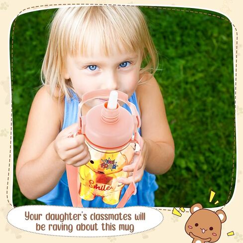 2 قطعة من زجاجات المياه اللطيفة المقاومة للتسرب من Kawaii Bear Straw Bottle سعة كبيرة كوب الدب مع حزام كتف قابل للإزالة قابل للتعديل ملصقات Kawaii للأطفال في المدرسة والمكتب والأنشطة الخارجية in Saudi Arabia