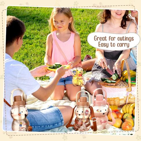 2 قطعة من زجاجات المياه اللطيفة المقاومة للتسرب من Kawaii Bear Straw Bottle سعة كبيرة كوب الدب مع حزام كتف قابل للإزالة قابل للتعديل ملصقات Kawaii للأطفال في المدرسة والمكتب والأنشطة الخارجية in Saudi Arabia