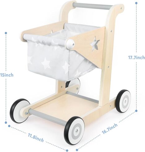 Asweets 2 in 1 Wooden Baby Walker Push and Pull Doll Stroller, Shopping Cart Learning Walker for Boys and Girls, Sit Stand Learning Toddler Toy (Blue) in Saudi Arabia
