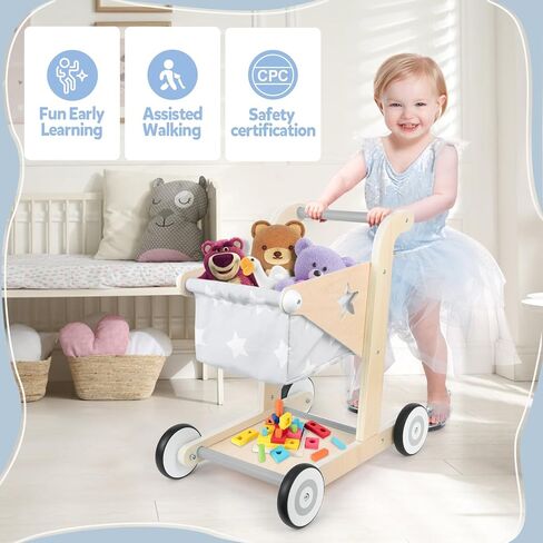 Asweets 2 in 1 Wooden Baby Walker Push and Pull Doll Stroller, Shopping Cart Learning Walker for Boys and Girls, Sit Stand Learning Toddler Toy (Blue) in Saudi Arabia
