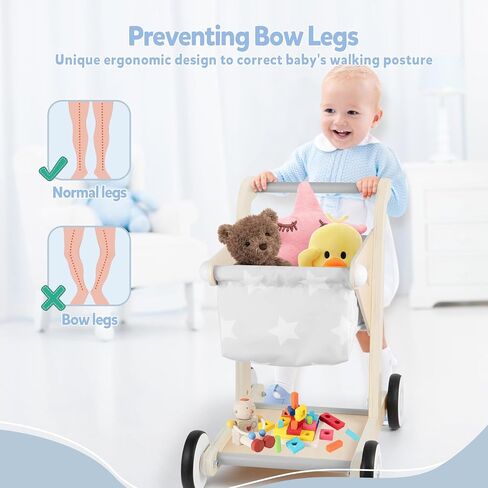 Asweets 2 in 1 Wooden Baby Walker Push and Pull Doll Stroller, Shopping Cart Learning Walker for Boys and Girls, Sit Stand Learning Toddler Toy (Blue) in Saudi Arabia