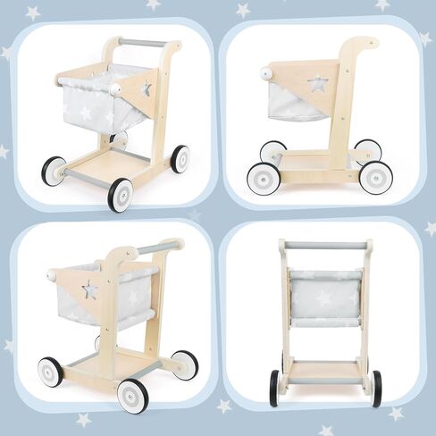 Asweets 2 in 1 Wooden Baby Walker Push and Pull Doll Stroller, Shopping Cart Learning Walker for Boys and Girls, Sit Stand Learning Toddler Toy (Blue) in Saudi Arabia
