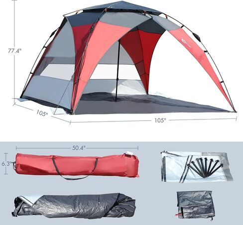 PORTAL POP Up Beach Tent، 2-4 أشخاص UPF50+ Beach Tent Sun Shelter، جبهة مفتوحة، إعداد على طراز المظلة، نوافذ شبكية، مأوى فوري للشمس مع حقيبة حمل، أحمر / رمادي in Saudi Arabia