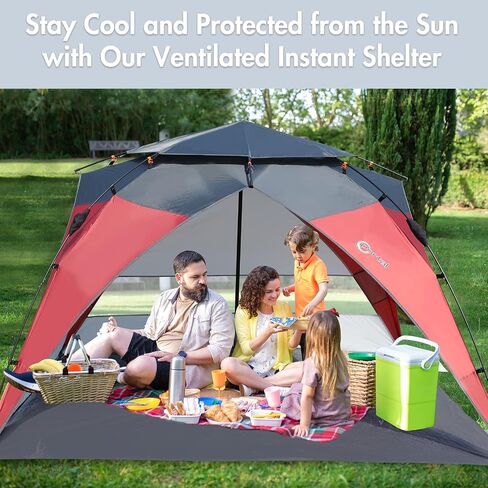 PORTAL POP Up Beach Tent، 2-4 أشخاص UPF50+ Beach Tent Sun Shelter، جبهة مفتوحة، إعداد على طراز المظلة، نوافذ شبكية، مأوى فوري للشمس مع حقيبة حمل، أحمر / رمادي in Saudi Arabia