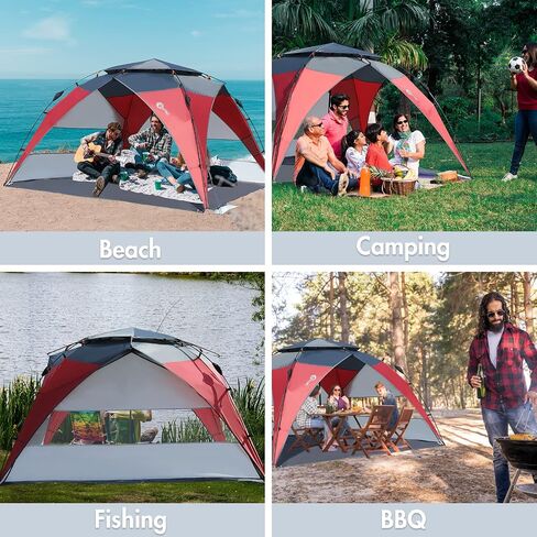 PORTAL POP Up Beach Tent، 2-4 أشخاص UPF50+ Beach Tent Sun Shelter، جبهة مفتوحة، إعداد على طراز المظلة، نوافذ شبكية، مأوى فوري للشمس مع حقيبة حمل، أحمر / رمادي in Saudi Arabia