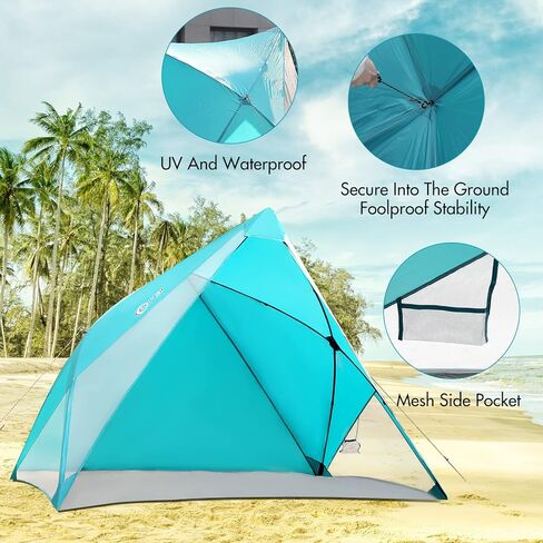 PORTAL POP Up Beach Tent، 2-4 أشخاص UPF50+ Beach Tent Sun Shelter، جبهة مفتوحة، إعداد على طراز المظلة، نوافذ شبكية، مأوى فوري للشمس مع حقيبة حمل، أحمر / رمادي in Kuwait