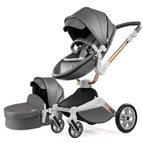Hot Mom 2 Ultra Baby Stroller 360 Rotation Function,Baby Carriage Pu Leather Pushchair Stylish and Convenient Pram 2024 (Grey)