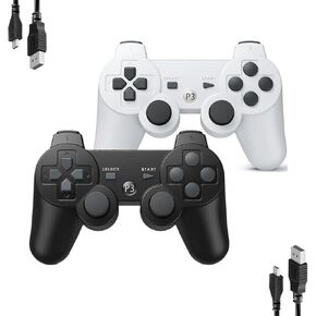 PS3 Controller Rechargeable Game Wireless Controller 2 Pack with 2 Charging Cables, Compatible with Playstation3 (Black+White)