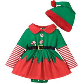 Toddler Baby Girls Christmas Outfits Long Sleeve Print Elf Romper Xmas Dresses Infant Fall Winter Clothes