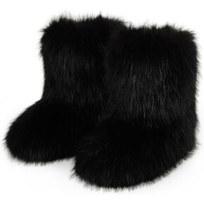 Fur Boots Warm Women's Faux Fur Boot Furry Short Snow Boot Mid-Calf Boots Outdoor Flat Shoes