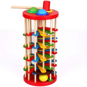 Montessori Children Hand-Eye Coordination Training Wood Toys Roll Wood Tower with Hammer Knock Games Knock Ball Drop Ladder Game