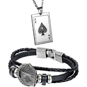 Aroncent 2 Pcs Stainless Steel Ace of Spades Necklace Braided Leather Cool Skull Bracelet Poker Jewerly Set Cool Bracelets Personalized Necklace for Men