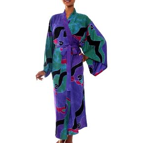NOVICA Artisan Handmade Batik Robe Rayon Clothing Red Flame Patterned Indonesia ' Autumn Joy'