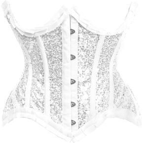 Daisy Corsets Top Drawer White/Silver Satin & Sequin Underwire Curvy Cut Steel Boned Waist Cincher Corset