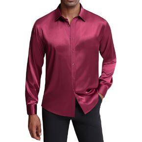 J.VER Men's Luxury Solid Silk Like Satin Shirts Regular fit Long Sleeve Button Down Dress Shirts for Party Prom Champagne Medium