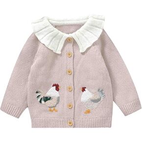 Baby Girl Knit Cardigan Sweater Rooster Embroidery Doll Collar Knitwear Coat Toddler Fall Winter Clothes