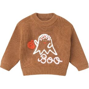 IDOPIP Toddler Baby Girls First Halloween Outfit Embroidery Pumpkin Boo Sweater Top Knit Pullover Sweatshirt Winter Clothes