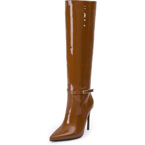 iiimmu Knee High Boots for Women 4.3 IN Stiletto High Heel Boots Zipperless Glossy Patent Leather Tall Boots Pointed Toe 16 IN Shaft