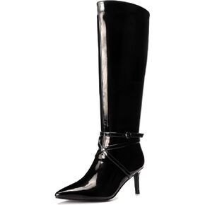 Womens Mid-High Stiletto Heel Pointed Toe Shoes Ankle Twisty Strappy Gold Buckle Fastened Booties Soft Comfortable Black Leather Knee High Boots