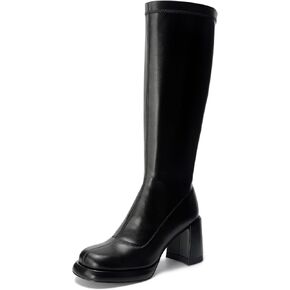 Women's Chunky Platfrom Block Heel Round Toe Shoes Side Zipper Soft Comfortable Stretched Black Matte PU Leather Sexy Knee High Boots