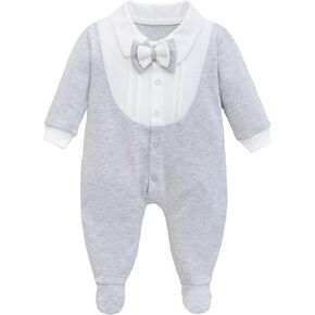 Lilax Baby Boy Gentleman Tuxedo Footie, Christmas Holiday Outfit with Bow Tie, Formal Wedding Long Sleeve Rompers