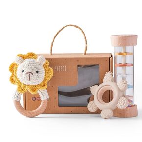 Youuys Wooden Baby Rattle Set (3pcs) - Crochet Rattle Rain Stick Teething Toys, Wooden Montessori Toy for Newborn Infant Baby Rattles Set Toys 3-6 Months (Bunny）