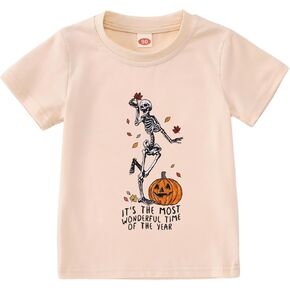 Toddler Kid Girls Halloween T-Shirt Dancing Skeleton Pumpkin Graphic Tee Shirt Short Sleeve Spooky Season Fall Tops