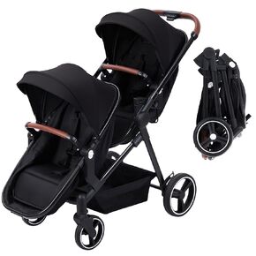 Double Stroller for Infants and Toddlers, Foldable Tandem Stroller, Reversible Pushchair Bassinet Pram with Large Storage Basket, Adjustable Backrest & Canopy, Black