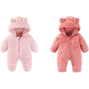 0-3Months Newborn Baby Bear Onesie Outfit Suit Girls Boys Fleece Jumpsuit Romper Hooded Winter Snowsuit Clothes Newborn Baby Bear Onesie Outfit Suit Fold-Over Mittens Footies