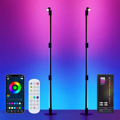 مصباح أرضي للزاوية - مصباح أرضي LED RGB أسود مع مزامنة الموسيقى و16 مليون لون DIY، تطبيق وجهاز تحكم عن بعد، مصباح زاوية ذكي حديث متغير اللون لغرفة النوم وغرفة المعيشة in Saudi Arabia