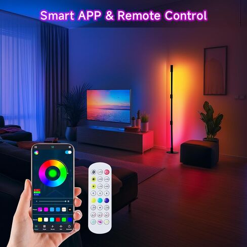 مصباح أرضي للزاوية - مصباح أرضي LED RGB أسود مع مزامنة الموسيقى و16 مليون لون DIY، تطبيق وجهاز تحكم عن بعد، مصباح زاوية ذكي حديث متغير اللون لغرفة النوم وغرفة المعيشة in Saudi Arabia