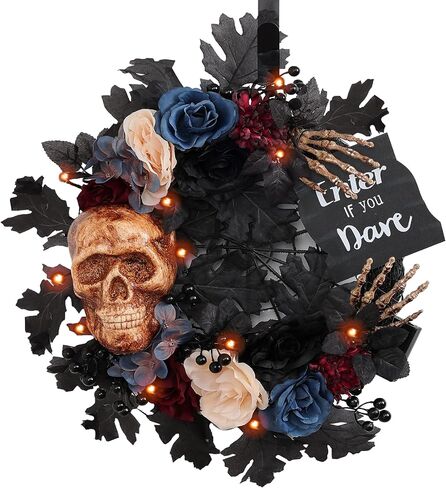 Jusdreen Halloween Wreath Decoration with LED Lights Skeleton Head Wreath, 19 Inch Black Halloween Flowers Wreath for Front Door and Wall Decor in Saudi Arabia