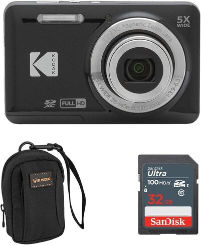 KODAK PIXPRO FZ55-BK 16MP Digital Camera 5X Optical Zoom 28mm Wide Angle 1080P Full HD Video 2.7" LCD Vlogging Camera. Bundle with SD Card and Slinger Camera Bag in Saudi Arabia