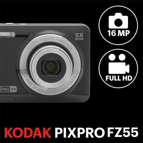 KODAK PIXPRO FZ55-BK 16MP Digital Camera 5X Optical Zoom 28mm Wide Angle 1080P Full HD Video 2.7" LCD Vlogging Camera. Bundle with SD Card and Slinger Camera Bag in Saudi Arabia