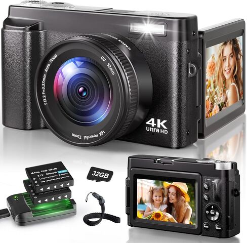 كاميرا رقمية بدقة 4K للتصوير الفوتوغرافي، وكاميرا تسجيل فيديو بتركيز تلقائي بدقة 48 ميجابكسل لليوتيوب مع شاشة قابلة للطي مقاس 3 بوصات بزاوية 180 درجة، وكاميرا سفر مدمجة مقاومة للاهتزاز بتكبير رقمي 16X مع بطاقة SD، وبطاريتين وحامل شحن in Saudi Arabia