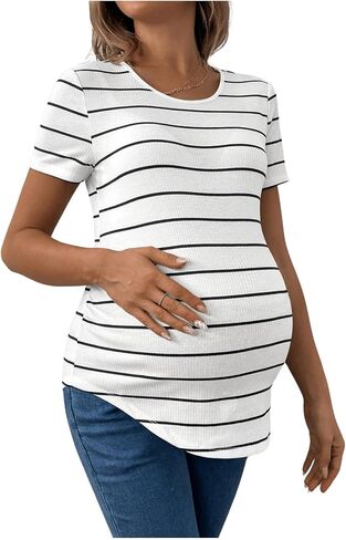 المرأة قصيرة الأكمام مخطط الأمومة تي شيرت Crewneck غير متناظرة مضلع متماسكة الحمل المحملة القمم in Saudi Arabia